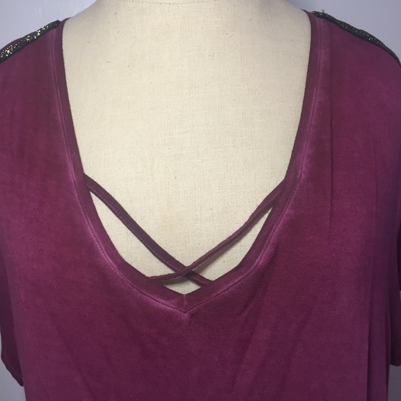Seven7 Embellished Mineral Wash Dark Red Tee - Picture 3 of 5
